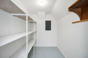 Spacious closet with vaulted ceiling and electric panel