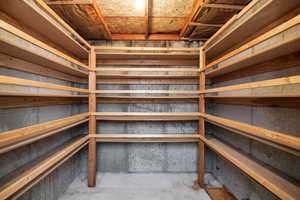 View of storage or closet for room with storage shelves