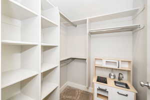 Walk in closet in basement bedroom