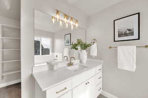 Primary Bathroom featuring quartz counters and brass details.