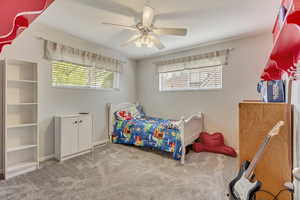 Bedroom featuring ceiling fan, baseboards, and carpet flooring