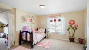 Carpeted bedroom with baseboards and visible vents