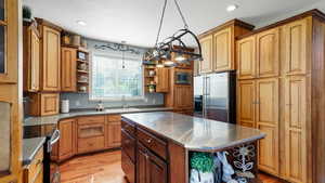 Kitchen featuring open shelves, a sink, light wood-style flooring, stainless steel counters, and appliances with stainless steel finishes