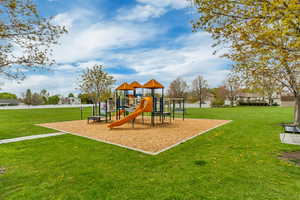 Community jungle gym featuring a lawn