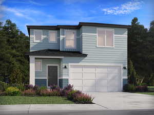 View of front facade featuring concrete driveway and a garage