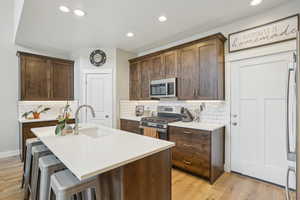 Kitchen with backsplash, appliances with stainless steel finishes, light wood finished floors, and a sink