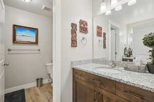 Bathroom with wood finished floors, toilet, vanity, baseboards, and visible vents