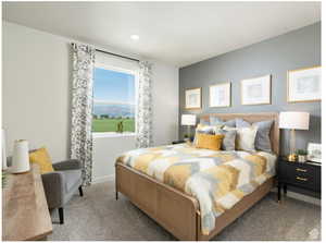 Carpeted bedroom featuring recessed lighting and baseboards