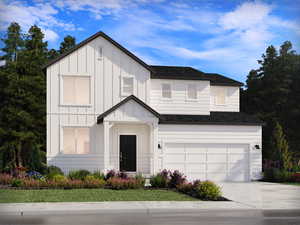 Modern farmhouse style home with concrete driveway, an attached garage, board and batten siding, and a shingled roof