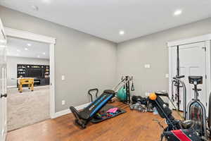Bedroom room directly off of walkout basement featuring baseboards, wood finished floors, and recessed lighting