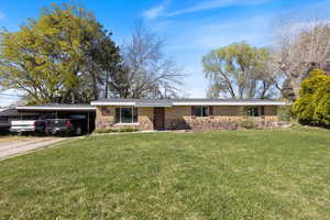 Ranch-style house featuring driveway, a front lawn, an attached carport, and brick siding