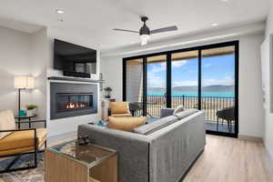 Living room featuring electric fireplace and a Bear Lake view