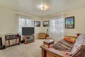 Living room with carpet flooring and a healthy amount of sunlight