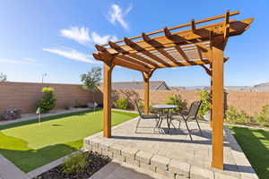 View of patio with a pergola, a fenced backyard, and outdoor dining space
