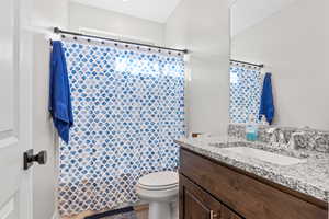 Full bathroom featuring wood finished floors, toilet, vanity, and a shower with shower curtain