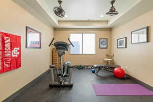 Exercise area featuring a tray ceiling and visible vents