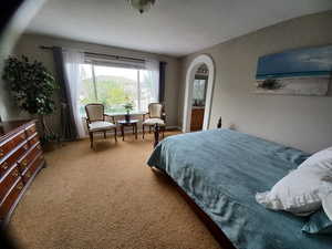 Bedroom with light carpet and arched walkways