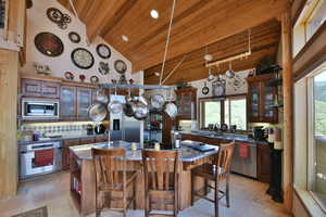 Kitchen with a kitchen island with sink, built in appliances, a wealth of natural light, wooden ceiling, and backsplash