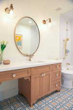 Full bath with tile patterned flooring, shower / washtub combination, visible vents, toilet, and vanity