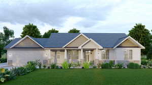 Craftsman-style house featuring a front lawn, driveway, stone siding, a porch, and a garage