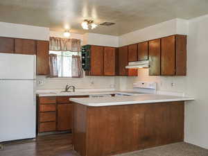 Kitchen featuring a sink, light countertops, under cabinet range hood, white appliances, and a peninsula