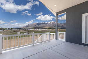View of patio with a mountain view