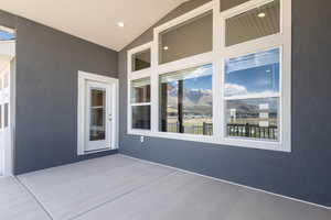 View of patio / terrace featuring a mountain view