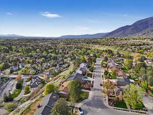 Drone / aerial view with a residential view and a mountain view