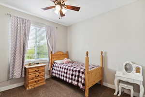 Bedroom with baseboards, dark carpet, and multiple windows