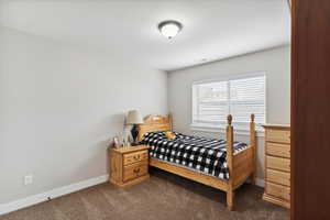 Bedroom with visible vents, dark colored carpet, and baseboards