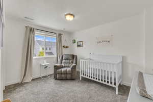 Bedroom with carpet floors, visible vents, and baseboards