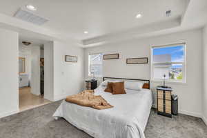 Carpeted bedroom featuring baseboards, a tray ceiling, visible vents, and recessed lighting