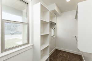 Spacious closet with dark colored carpet