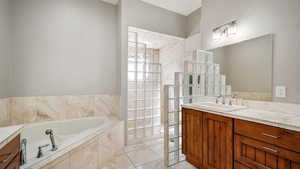 Bathroom with vanity and a bath