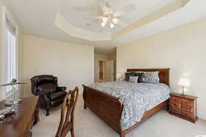 Bedroom featuring light carpet, ceiling fan, a raised ceiling, and crown molding