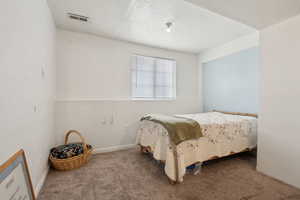 Carpeted bedroom with baseboards and visible vents