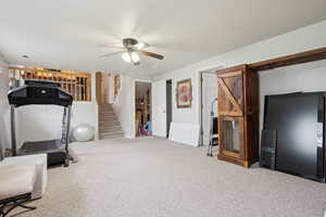 Exercise area with a ceiling fan and carpet floors