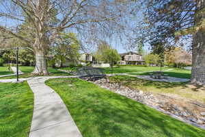 View of property's community with a yard