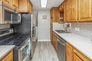 Kitchen with tasteful backsplash, light wood-style flooring, a sink, stainless steel appliances, and brown cabinetry