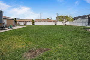 View of yard featuring a trampoline, a patio, and a fenced backyard