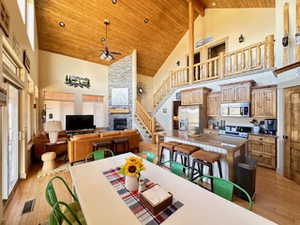 Kitchen featuring fridge with ice dispenser, wooden ceiling, stainless steel microwave, light wood-type flooring, and high vaulted ceiling