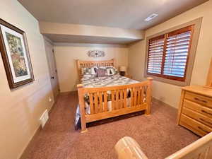 Bedroom featuring carpet floors, visible vents, and baseboards