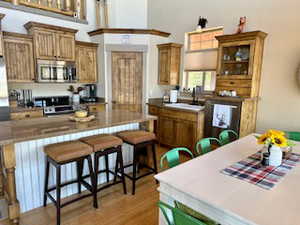 Kitchen featuring a sink, light wood-style floors, a breakfast bar, range, and stainless steel microwave
