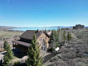 Arial view of home with mature trees and Lake view.