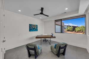 Tiled home office with recessed lighting and a ceiling fan