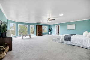 Bedroom featuring carpet, a ceiling fan, ornamental molding, and baseboards
