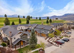 Aerial view of residential area with mountains