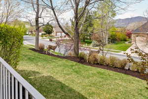 View of yard and deer with a mountain view