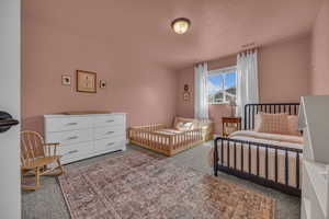 Bedroom with visible vents and carpet flooring