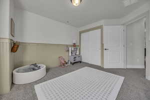 Game room featuring a wainscoted wall, visible vents, and carpet